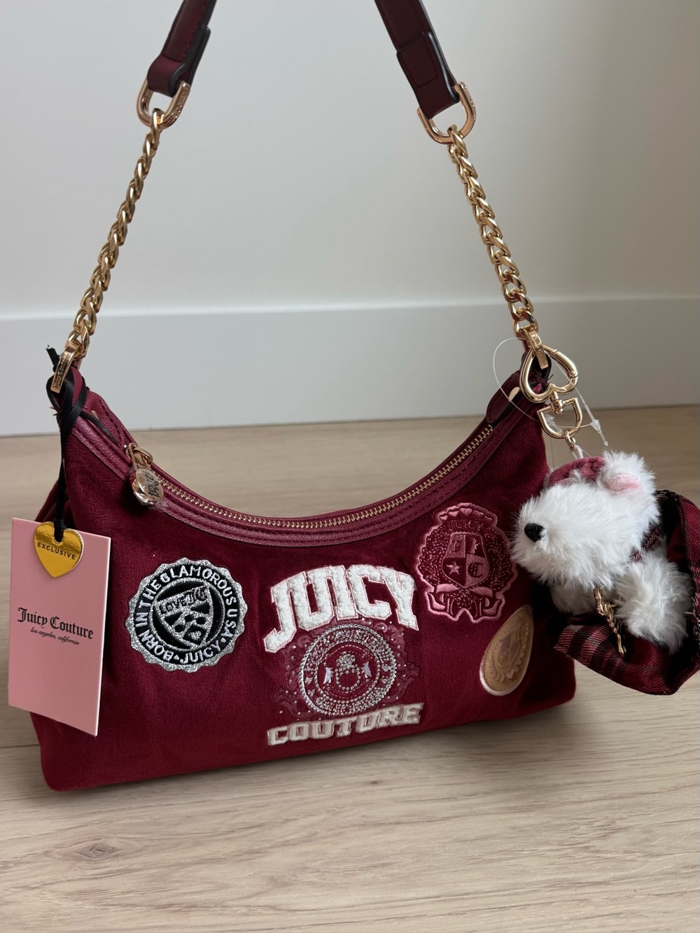 NWT Juicy Couture Burgundy Patch Embroidered Mini Shoulder Bag Gold Chai